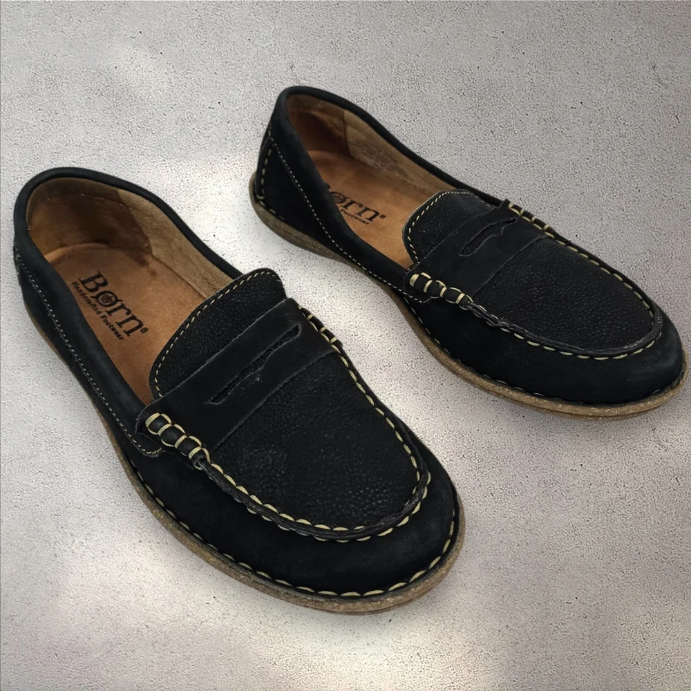 Born Nernia Black Nubuck Leather Penny Loafers Slip‎ On Shoes